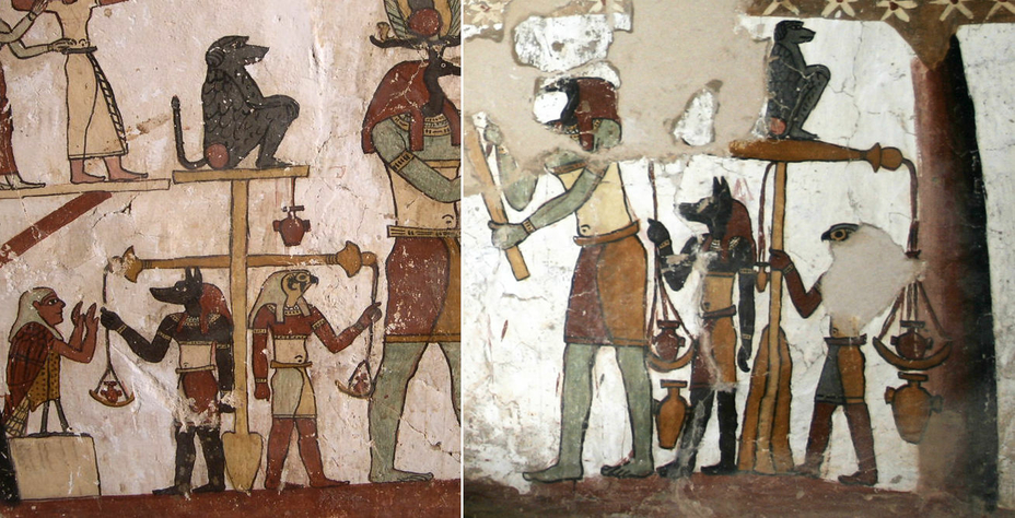 Weighing of the Heart Scale Anubis and Thoth Paintings from the tomb of Petosiris at Muzawaka Baboons